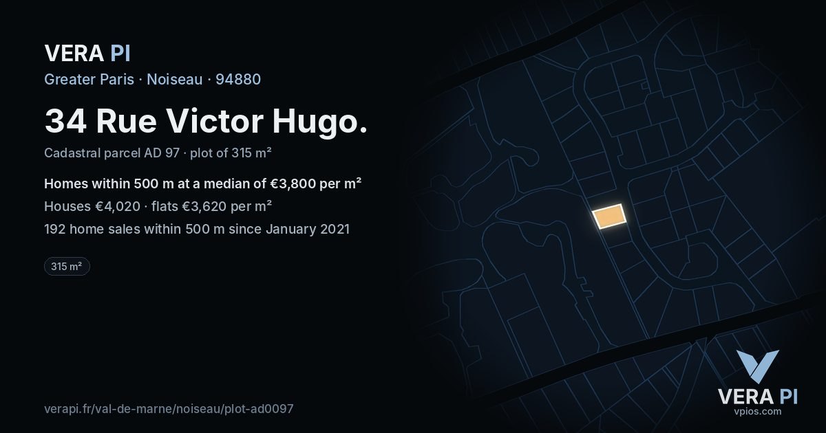 34 Rue Victor Hugo, Noiseau at night – the plot lit, the parcels around coloured by the prices near them