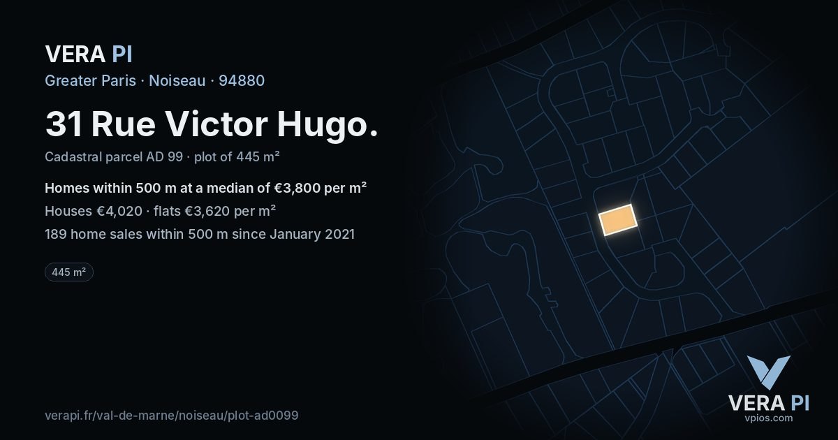 31 Rue Victor Hugo, Noiseau at night – the plot lit, the parcels around coloured by the prices near them