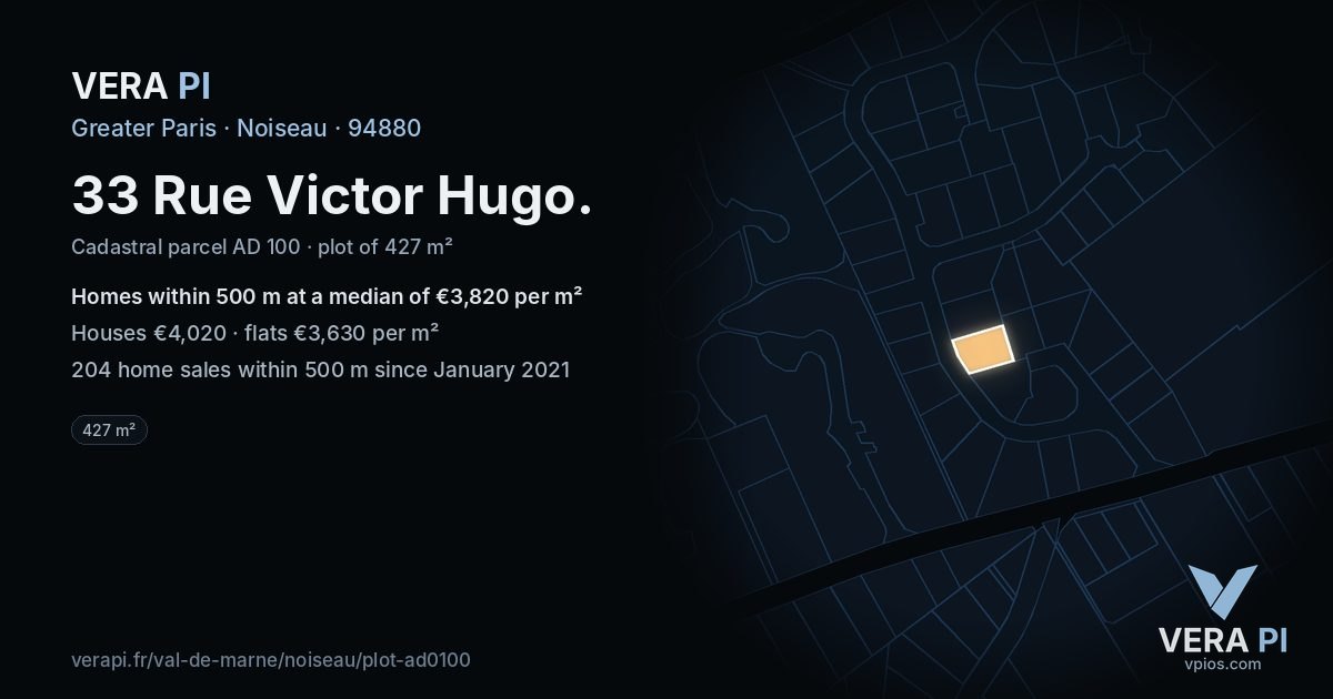 33 Rue Victor Hugo, Noiseau at night – the plot lit, the parcels around coloured by the prices near them