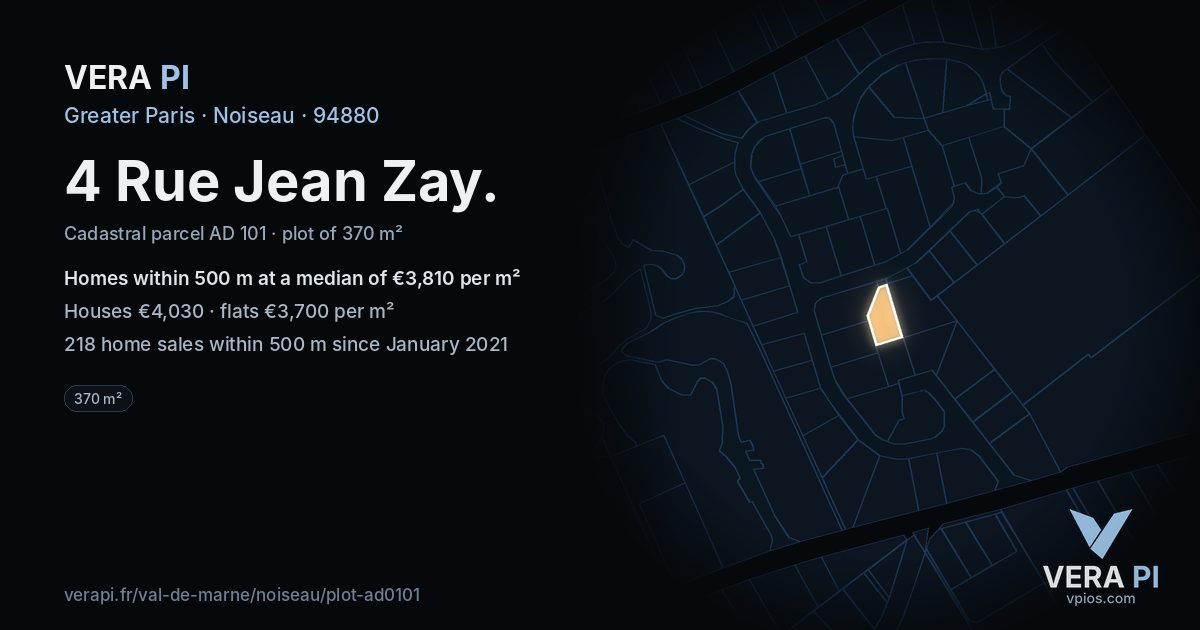 4 Rue Jean Zay, Noiseau at night – the plot lit, the parcels around coloured by the prices near them