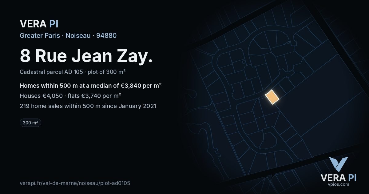 8 Rue Jean Zay, Noiseau at night – the plot lit, the parcels around coloured by the prices near them