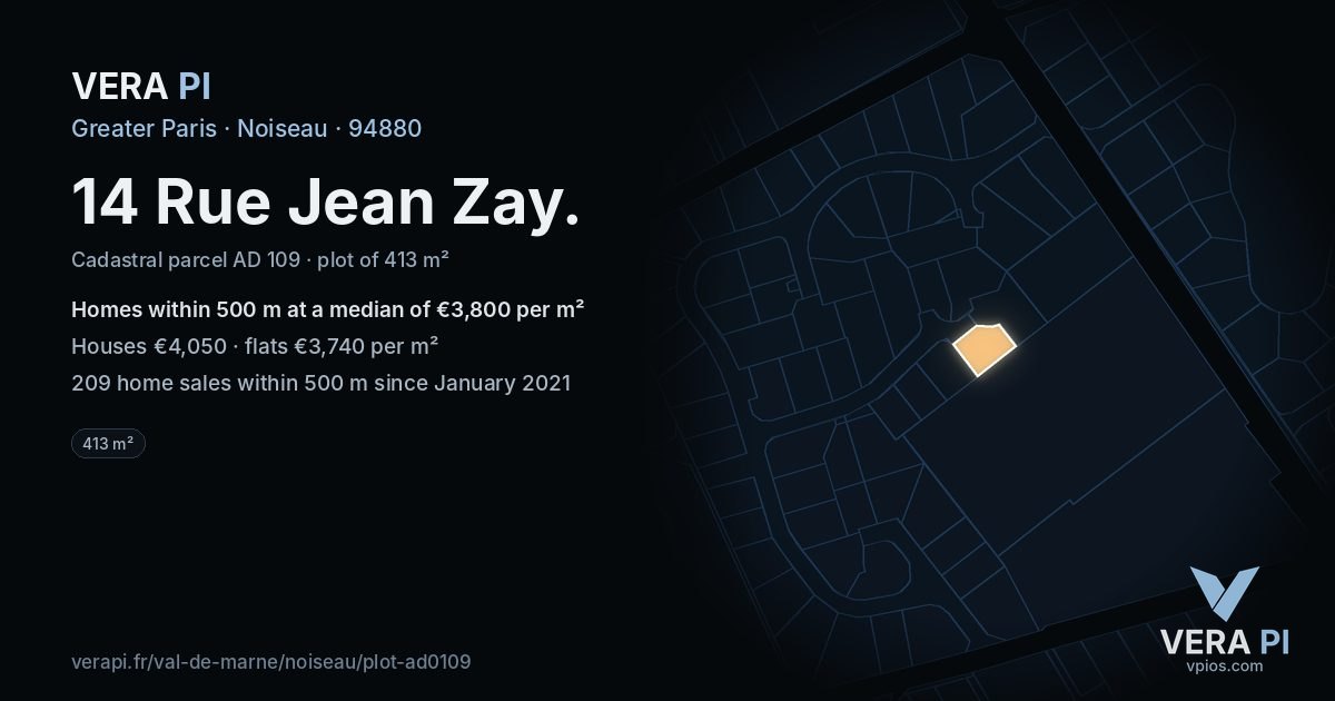 14 Rue Jean Zay, Noiseau at night – the plot lit, the parcels around coloured by the prices near them
