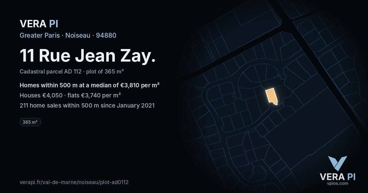 11 Rue Jean Zay, Noiseau at night – the plot lit, the parcels around coloured by the prices near them