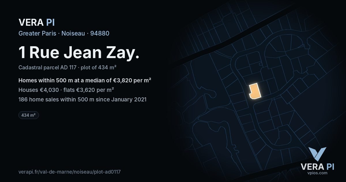 1 Rue Jean Zay, Noiseau at night – the plot lit, the parcels around coloured by the prices near them