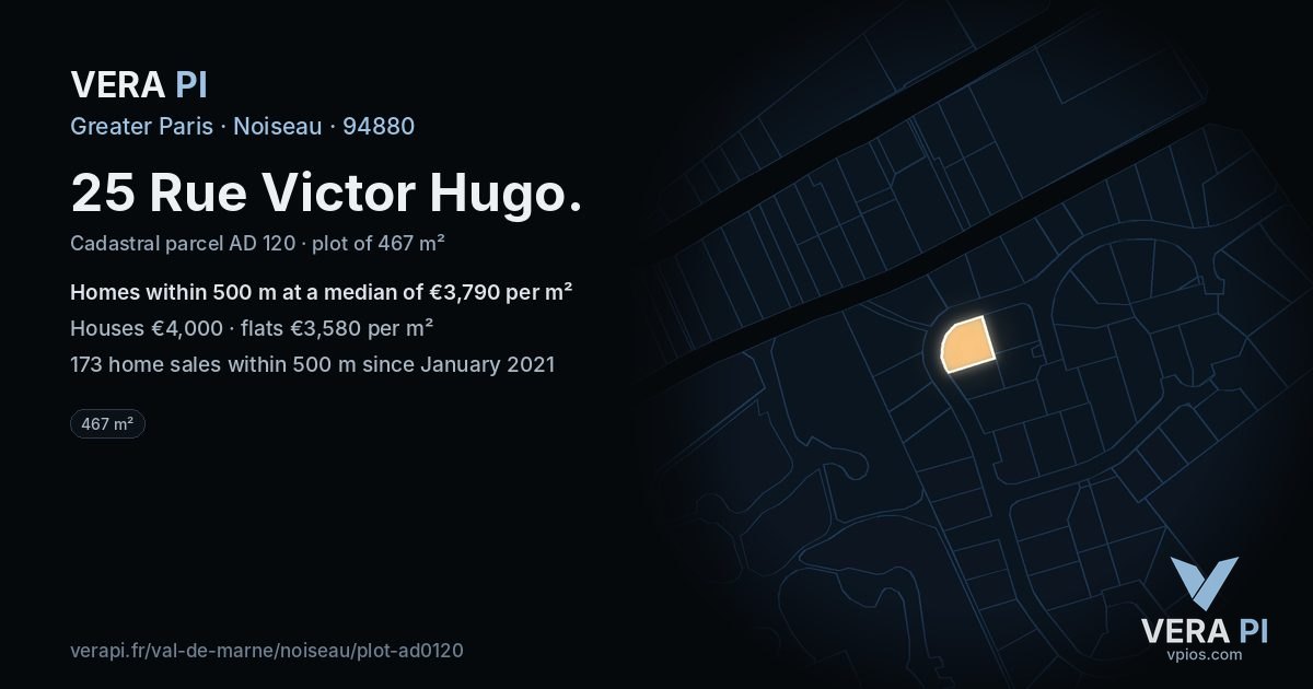 25 Rue Victor Hugo, Noiseau at night – the plot lit, the parcels around coloured by the prices near them