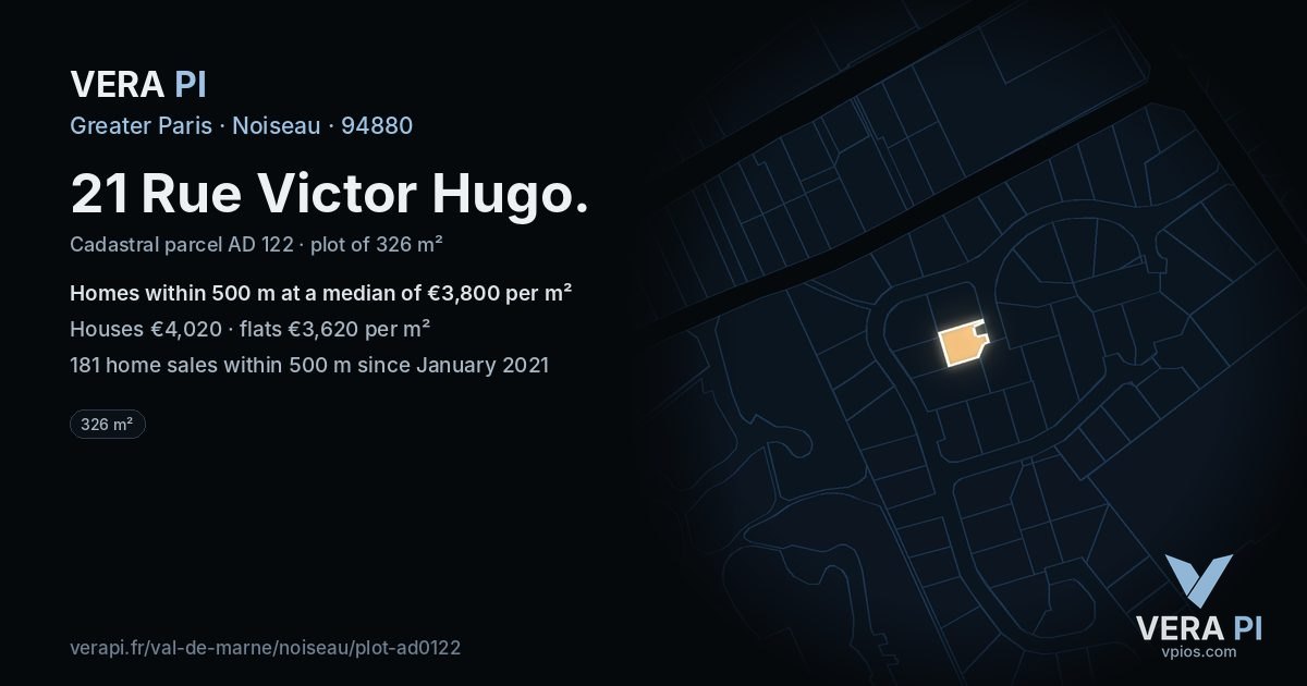 21 Rue Victor Hugo, Noiseau at night – the plot lit, the parcels around coloured by the prices near them