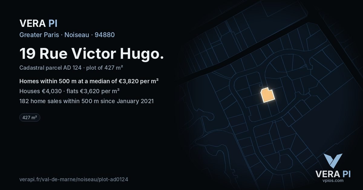 19 Rue Victor Hugo, Noiseau at night – the plot lit, the parcels around coloured by the prices near them