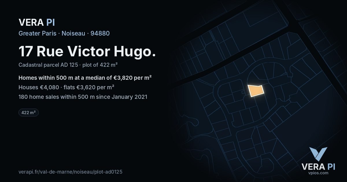 17 Rue Victor Hugo, Noiseau at night – the plot lit, the parcels around coloured by the prices near them