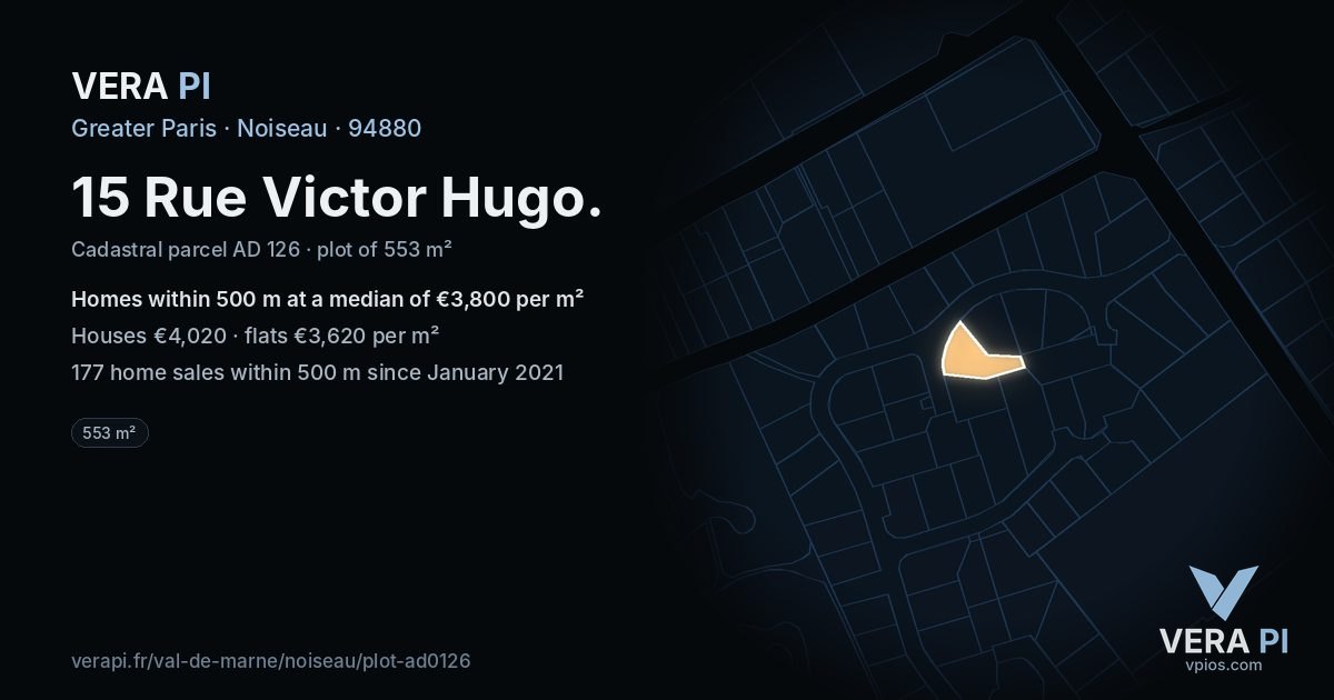 15 Rue Victor Hugo, Noiseau at night – the plot lit, the parcels around coloured by the prices near them