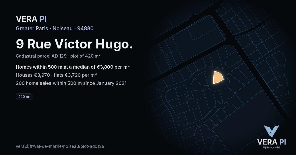 9 Rue Victor Hugo, Noiseau at night – the plot lit, the parcels around coloured by the prices near them