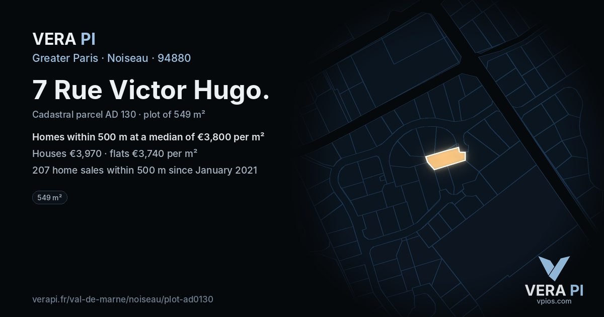 7 Rue Victor Hugo, Noiseau at night – the plot lit, the parcels around coloured by the prices near them