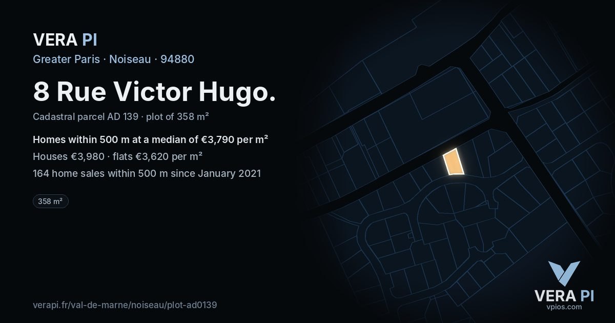 8 Rue Victor Hugo, Noiseau at night – the plot lit, the parcels around coloured by the prices near them