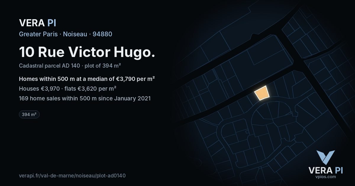 10 Rue Victor Hugo, Noiseau at night – the plot lit, the parcels around coloured by the prices near them