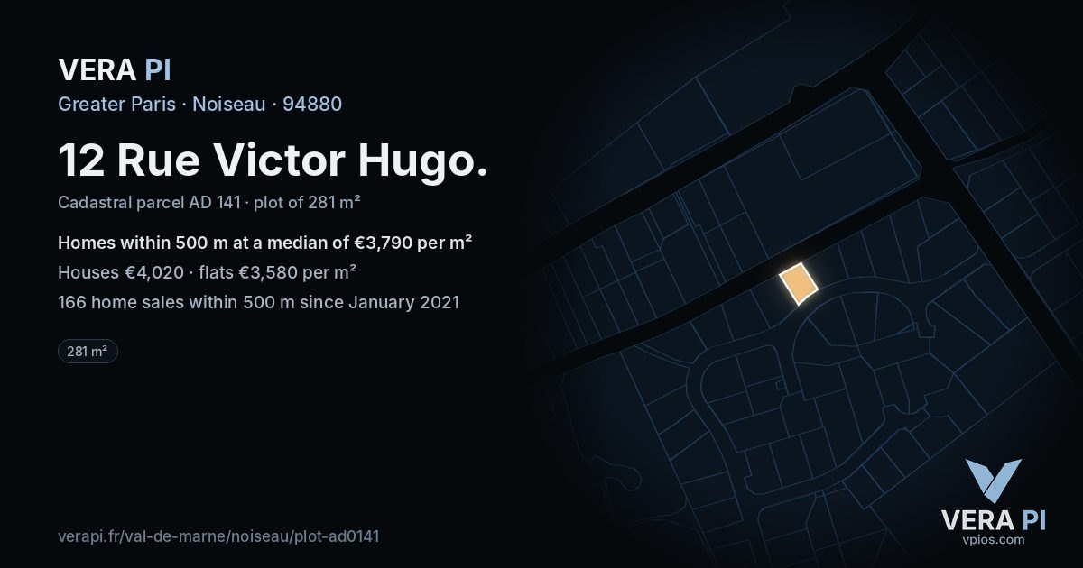 12 Rue Victor Hugo, Noiseau at night – the plot lit, the parcels around coloured by the prices near them