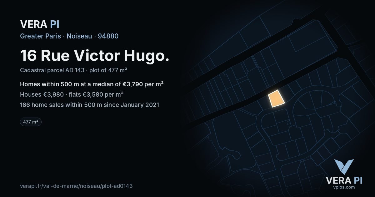 16 Rue Victor Hugo, Noiseau at night – the plot lit, the parcels around coloured by the prices near them