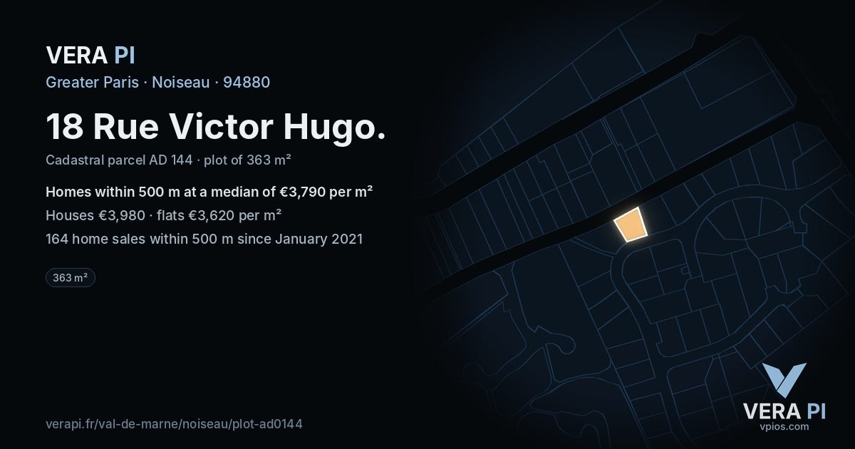 18 Rue Victor Hugo, Noiseau at night – the plot lit, the parcels around coloured by the prices near them