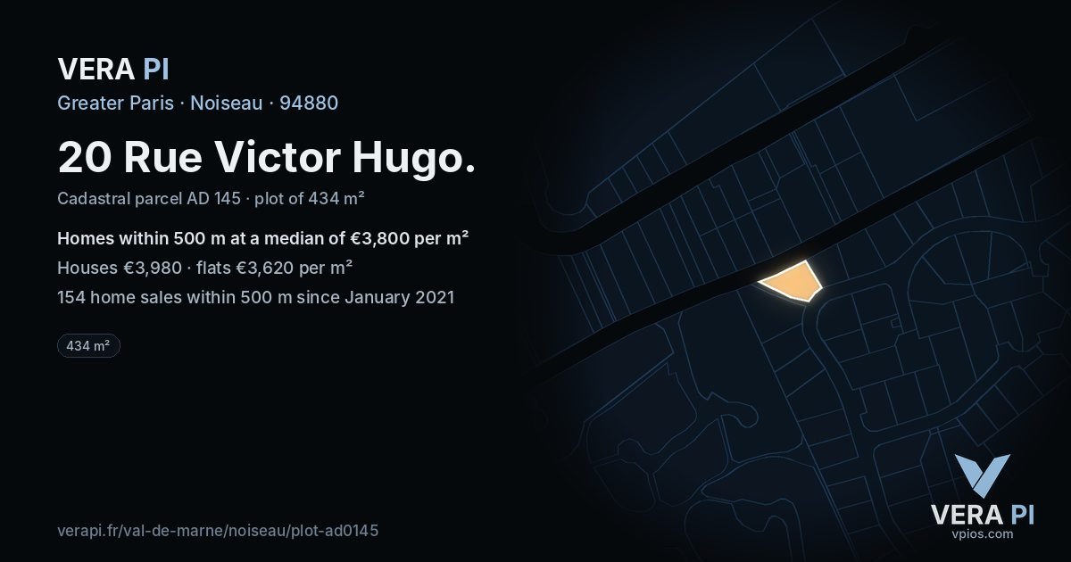 20 Rue Victor Hugo, Noiseau at night – the plot lit, the parcels around coloured by the prices near them