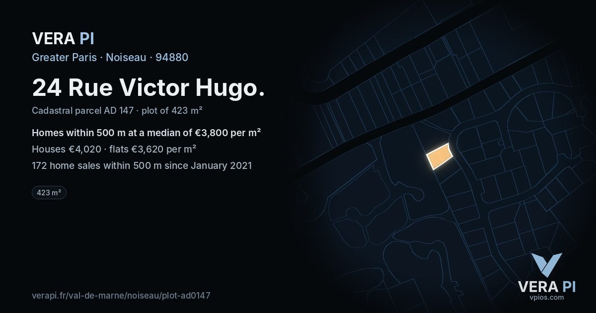 24 Rue Victor Hugo, Noiseau at night – the plot lit, the parcels around coloured by the prices near them