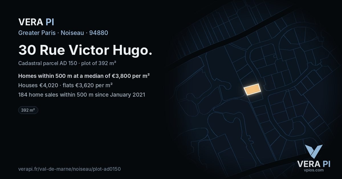 30 Rue Victor Hugo, Noiseau at night – the plot lit, the parcels around coloured by the prices near them