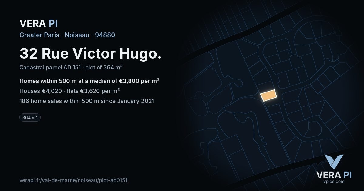 32 Rue Victor Hugo, Noiseau at night – the plot lit, the parcels around coloured by the prices near them