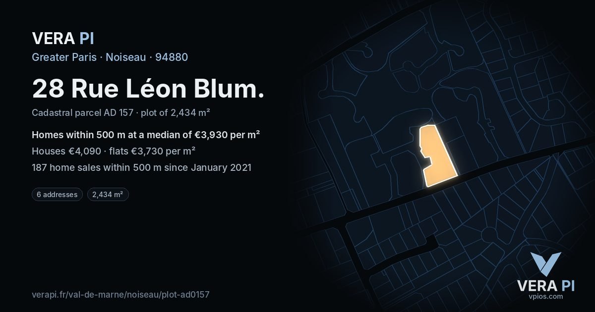 28 Rue Léon Blum, Noiseau at night – the plot lit, the parcels around coloured by the prices near them