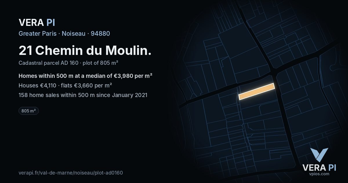 21 Chemin du Moulin, Noiseau at night – the plot lit, the parcels around coloured by the prices near them