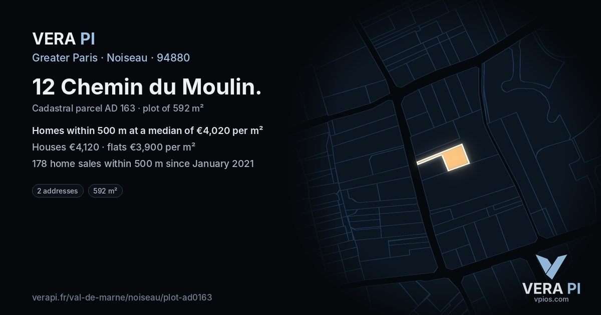 12 Chemin du Moulin, Noiseau at night – the plot lit, the parcels around coloured by the prices near them