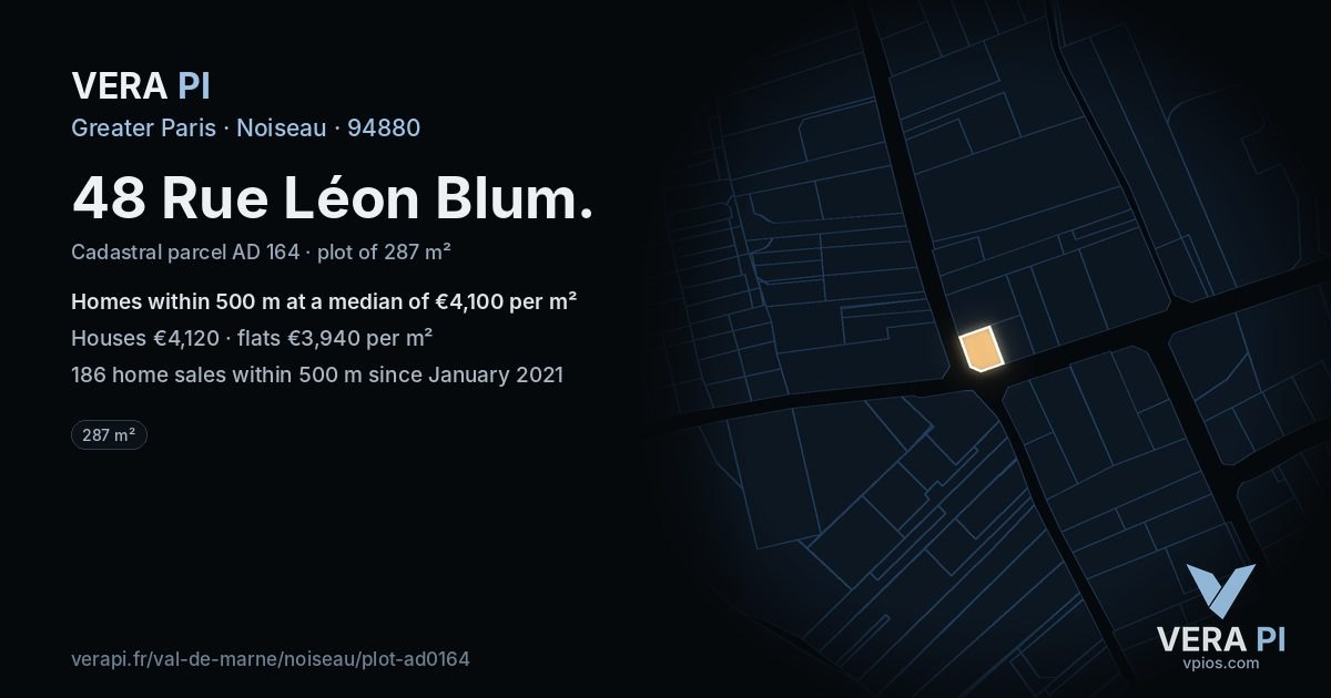 48 Rue Léon Blum, Noiseau at night – the plot lit, the parcels around coloured by the prices near them