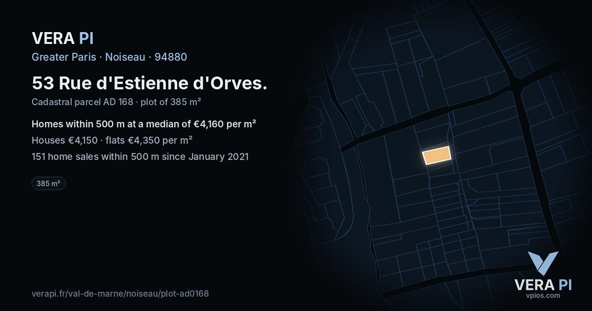 53 Rue d'Estienne d'Orves, Noiseau at night – the plot lit, the parcels around coloured by the prices near them