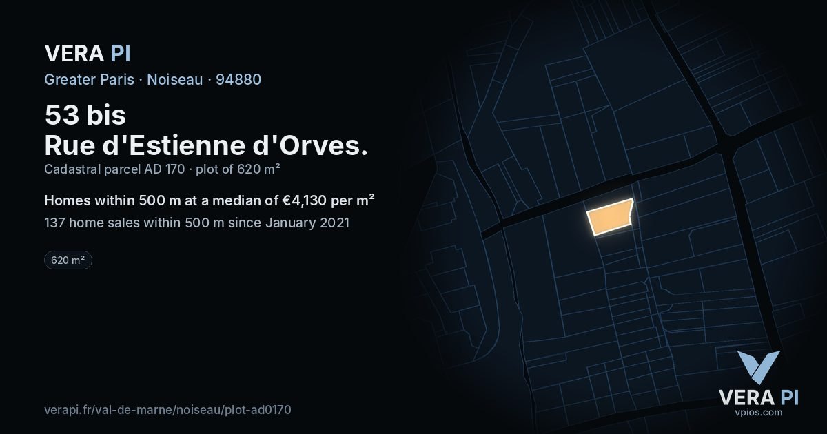 53 bis Rue d'Estienne d'Orves, Noiseau at night – the plot lit, the parcels around coloured by the prices near them