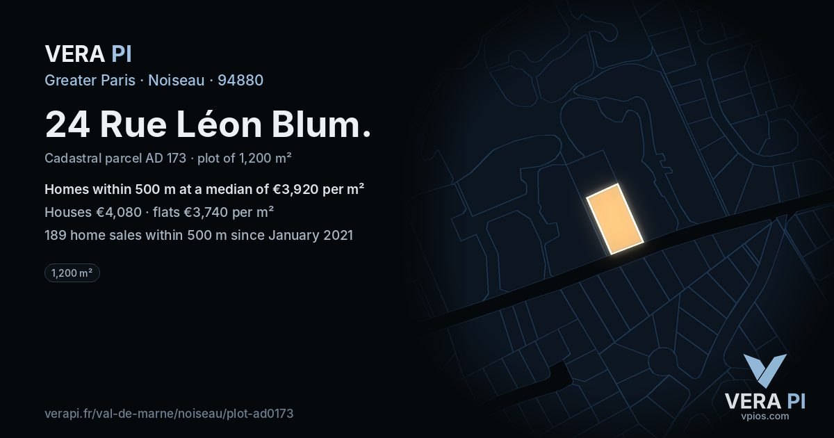 24 Rue Léon Blum, Noiseau at night – the plot lit, the parcels around coloured by the prices near them