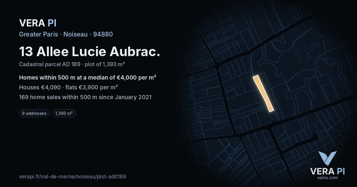 13 Allee Lucie Aubrac, Noiseau at night – the plot lit, the parcels around coloured by the prices near them