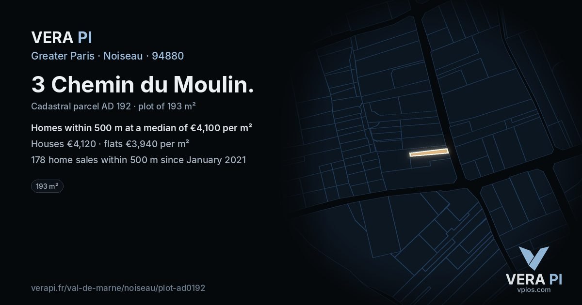 3 Chemin du Moulin, Noiseau at night – the plot lit, the parcels around coloured by the prices near them