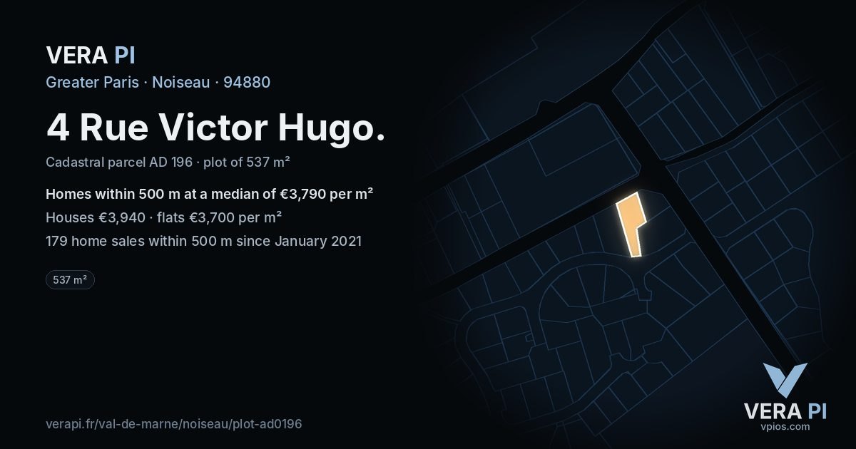 4 Rue Victor Hugo, Noiseau at night – the plot lit, the parcels around coloured by the prices near them
