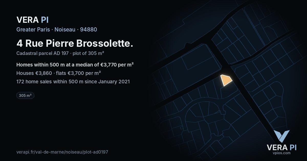 4 Rue Pierre Brossolette, Noiseau at night – the plot lit, the parcels around coloured by the prices near them