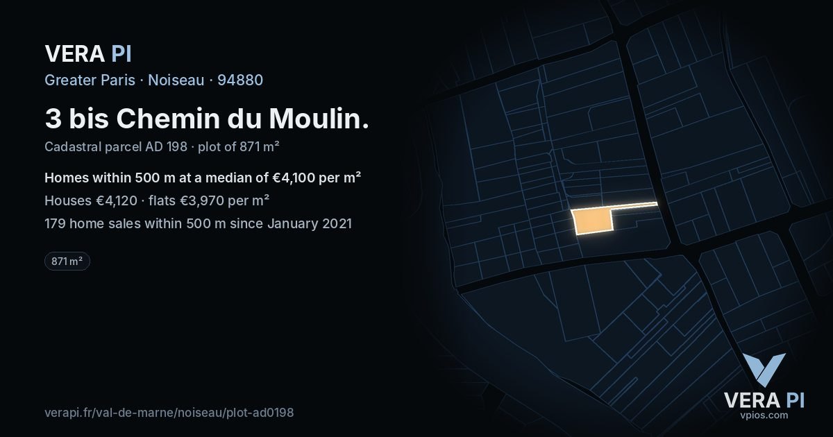 3 bis Chemin du Moulin, Noiseau at night – the plot lit, the parcels around coloured by the prices near them