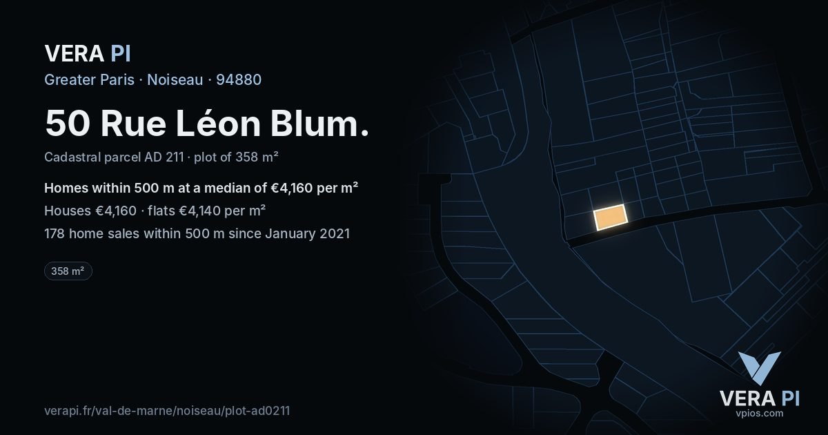 50 Rue Léon Blum, Noiseau at night – the plot lit, the parcels around coloured by the prices near them
