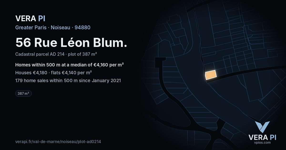 56 Rue Léon Blum, Noiseau at night – the plot lit, the parcels around coloured by the prices near them