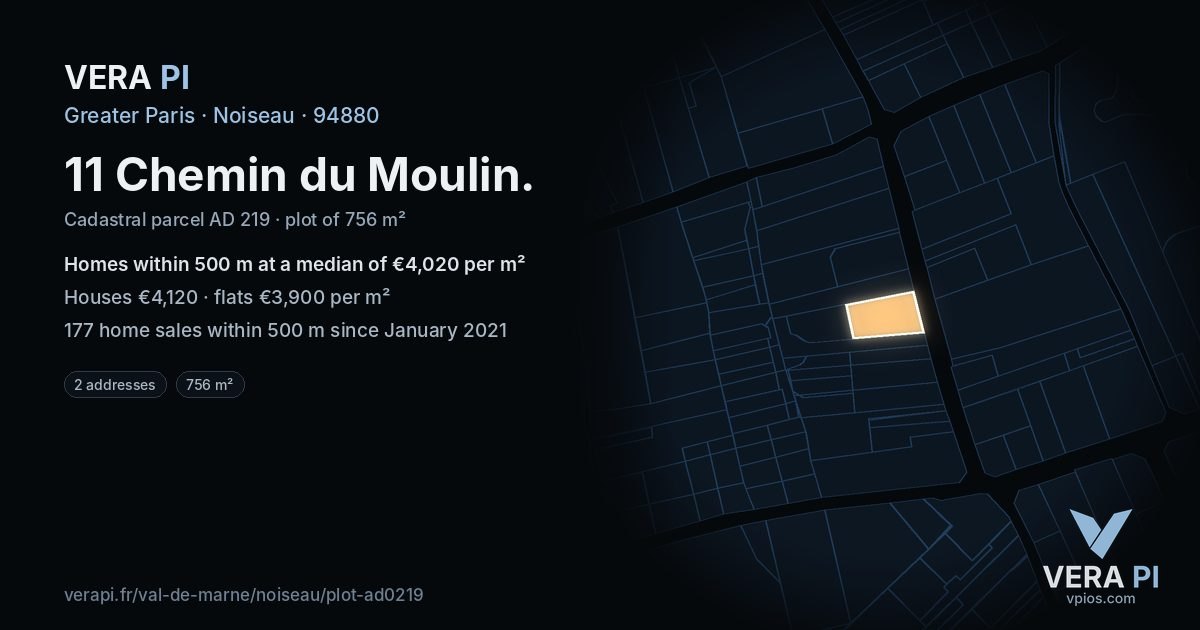 11 Chemin du Moulin, Noiseau at night – the plot lit, the parcels around coloured by the prices near them