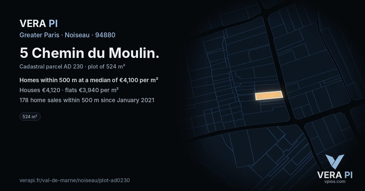 5 Chemin du Moulin, Noiseau at night – the plot lit, the parcels around coloured by the prices near them
