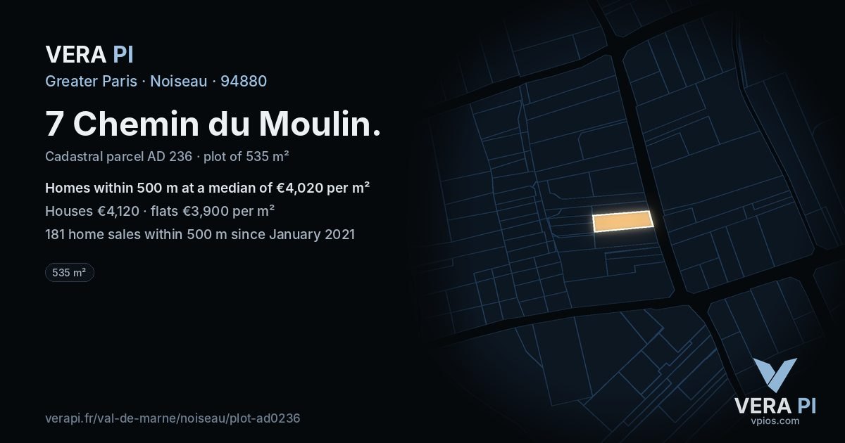 7 Chemin du Moulin, Noiseau at night – the plot lit, the parcels around coloured by the prices near them