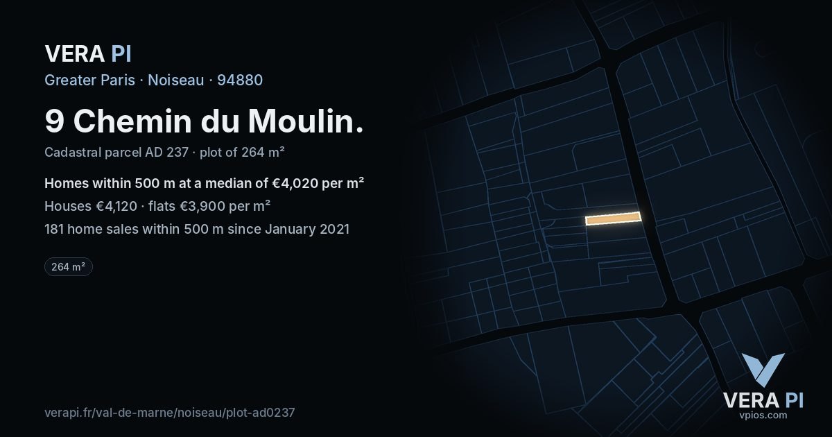 9 Chemin du Moulin, Noiseau at night – the plot lit, the parcels around coloured by the prices near them