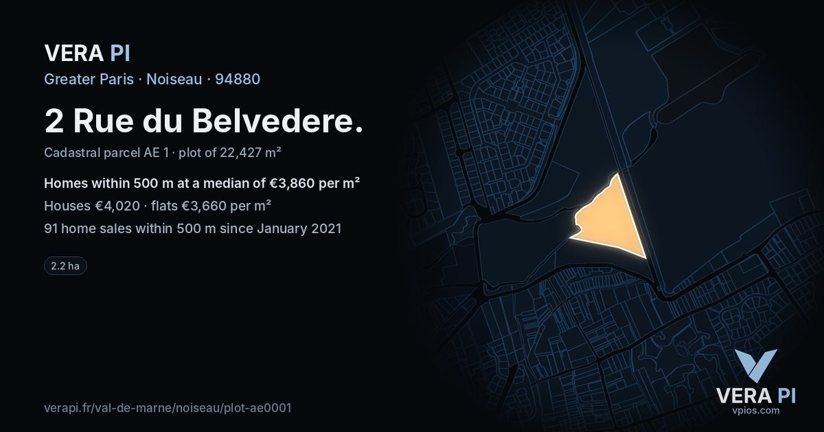 2 Rue du Belvedere, Noiseau at night – the plot lit, the parcels around coloured by the prices near them