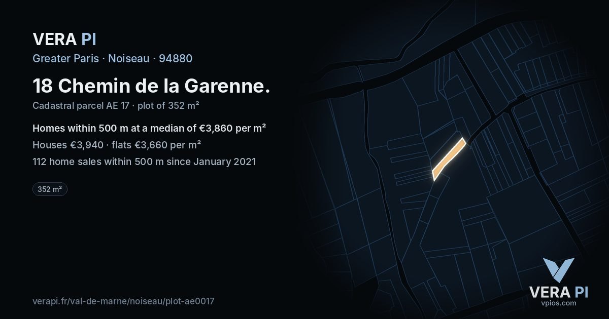 18 Chemin de la Garenne, Noiseau at night – the plot lit, the parcels around coloured by the prices near them