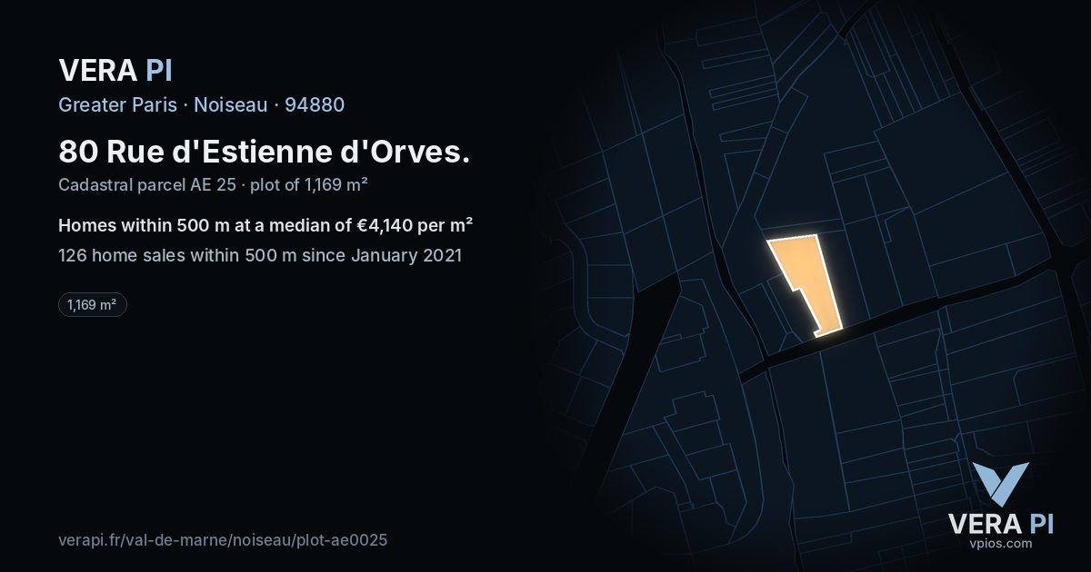 80 Rue d'Estienne d'Orves, Noiseau at night – the plot lit, the parcels around coloured by the prices near them