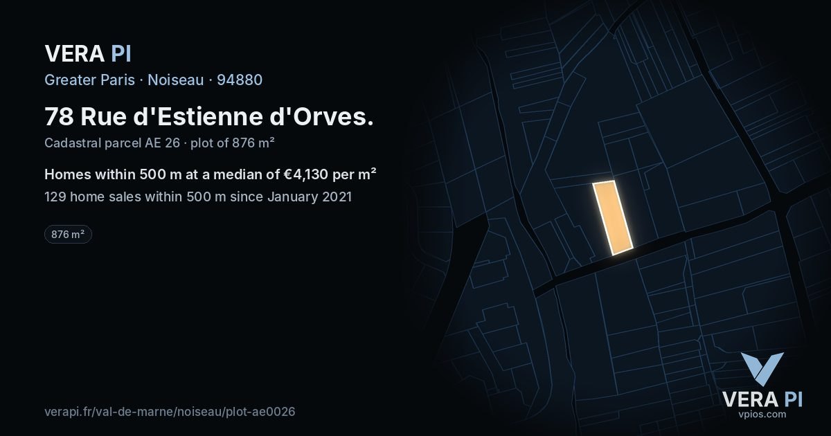 78 Rue d'Estienne d'Orves, Noiseau at night – the plot lit, the parcels around coloured by the prices near them