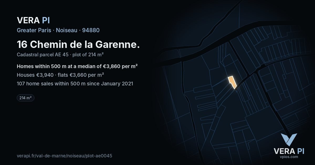 16 Chemin de la Garenne, Noiseau at night – the plot lit, the parcels around coloured by the prices near them