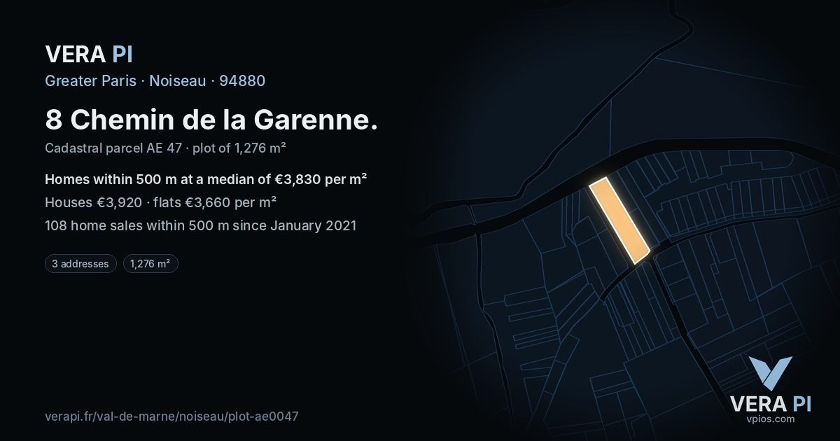 8 Chemin de la Garenne, Noiseau at night – the plot lit, the parcels around coloured by the prices near them