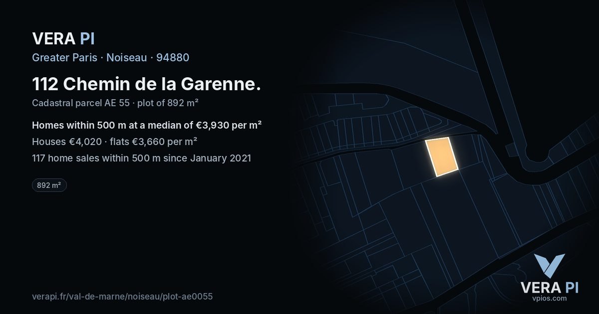 112 Chemin de la Garenne, Noiseau at night – the plot lit, the parcels around coloured by the prices near them