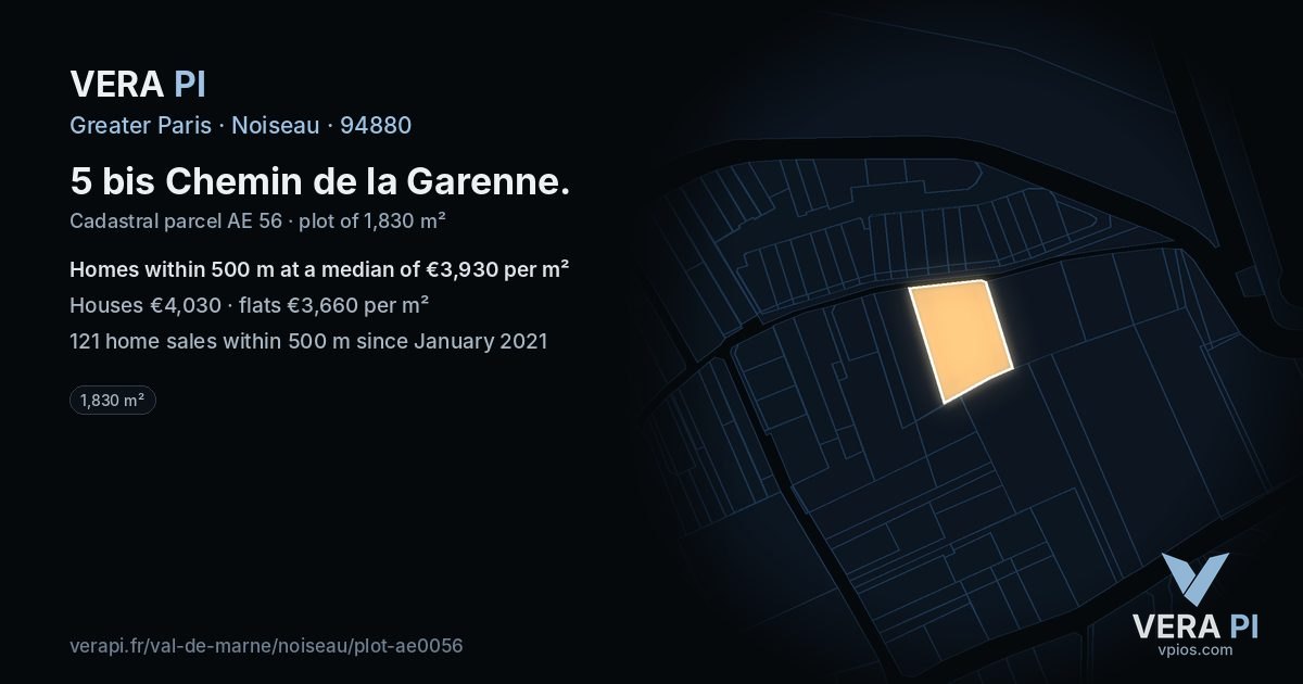 5 bis Chemin de la Garenne, Noiseau at night – the plot lit, the parcels around coloured by the prices near them